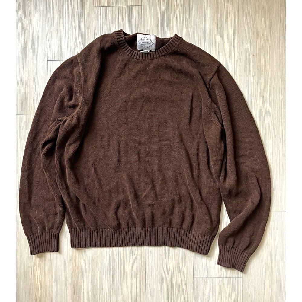 St. John's Bay Men's Brown Cotton Knit Crewneck Pullover Sweater Sz XL Basic